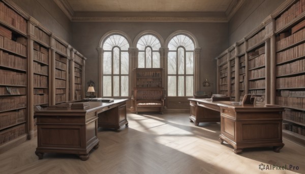 day,indoors,tree,book,no humans,window,shadow,chair,table,sunlight,curtains,scenery,desk,wooden floor,bookshelf,lamp,shelf,book stack,library,ladder,candlestand