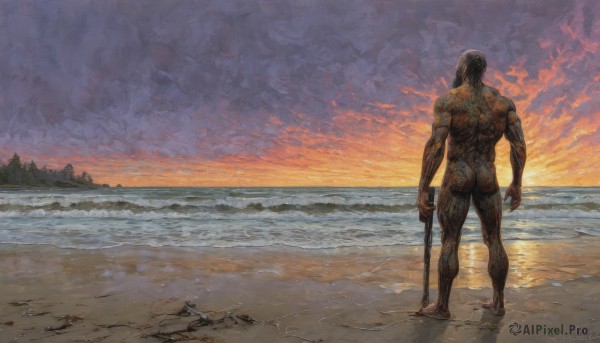 solo,black hair,1boy,holding,standing,full body,weapon,ass,male focus,thighs,nude,outdoors,sky,barefoot,sword,cloud,signature,water,from behind,holding weapon,completely nude,muscular,ocean,back,beach,cloudy sky,muscular male,scenery,bara,sunset,sand,facing away,cane,orange sky,artist name,tattoo,traditional media,holding sword,walking,arms at sides,horizon,arm hair,faux traditional media,red sky,dirty feet