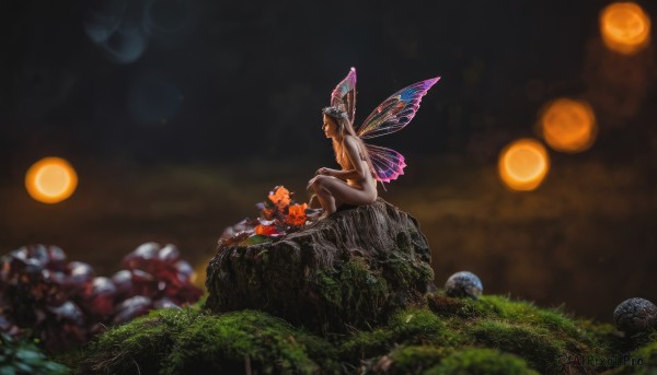 1girl,solo,long hair,sitting,flower,nude,outdoors,wings,sky,blurry,night,depth of field,moon,grass,bug,nature,scenery,rock,fairy wings,fairy,mushroom,butterfly wings,breasts,hat,from side,realistic,sitting on rock