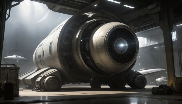 HQ,indoors,military,no humans,window,sunlight,robot,building,scenery,reflection,science fiction,light rays,realistic,aircraft,airplane,vehicle focus,spacecraft,signature,machinery,rain