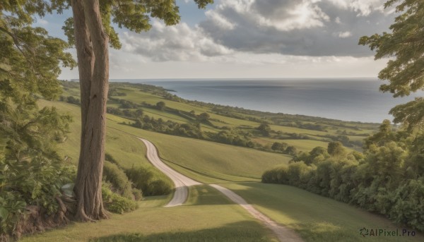 outdoors,sky,day,cloud,water,tree,blue sky,no humans,bird,ocean,beach,cloudy sky,grass,plant,nature,scenery,forest,mountain,horizon,road,bush,field,landscape,path,hill