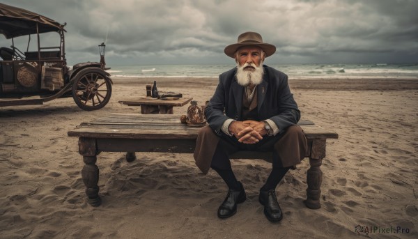 solo,looking at viewer,shirt,long sleeves,1boy,hat,sitting,closed mouth,jacket,full body,white shirt,white hair,grey hair,male focus,outdoors,necktie,sky,shoes,day,collared shirt,pants,cloud,black footwear,vest,black jacket,facial hair,ocean,beach,parody,black pants,cloudy sky,own hands together,ground vehicle,black necktie,beard,watch,realistic,mustache,sand,brown headwear,wristwatch,watercraft,brown pants,old,old man,boat,boots,water,coat,formal,ring,suit,interlocked fingers,horizon,bench,ship,black suit,grey sky