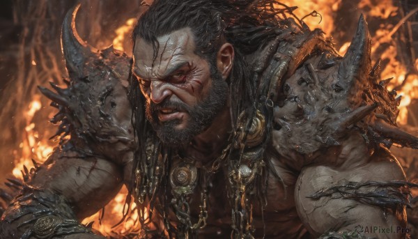 solo,long hair,black hair,1boy,jewelry,upper body,male focus,teeth,dark skin,necklace,armor,blurry,blood,muscular,blurry background,glowing,facial hair,chain,scar,dark-skinned male,fire,muscular male,shoulder armor,beard,scar on face,veins,pauldrons,injury,mature male,realistic,mustache,scar across eye,manly,looking at viewer,red eyes,closed mouth,horns,tattoo,spikes,embers,shoulder spikes,scratches