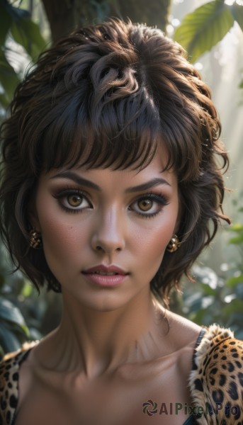 1girl,solo,breasts,looking at viewer,short hair,bangs,brown hair,black hair,cleavage,brown eyes,jewelry,medium breasts,collarbone,upper body,earrings,parted lips,teeth,artist name,dark skin,bra,blurry,dark-skinned female,lips,eyelashes,tattoo,makeup,depth of field,blurry background,leaf,watermark,sunlight,plant,lipstick,animal print,messy hair,portrait,web address,close-up,eyeshadow,freckles,curly hair,realistic,nose,mascara,leopard print,feathers