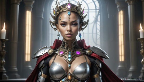 HQ,1girl,solo,breasts,looking at viewer,short hair,blue eyes,black hair,cleavage,brown eyes,jewelry,medium breasts,upper body,earrings,indoors,dark skin,cape,armor,dark-skinned female,lips,grey eyes,tiara,crown,shoulder armor,gem,pauldrons,realistic,red cape,candle,window,makeup,breasts apart,forehead,backlighting,nose,forehead jewel