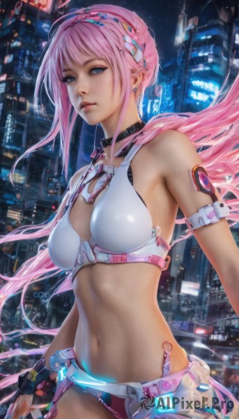 1girl,solo,long hair,breasts,looking at viewer,blue eyes,gloves,navel,jewelry,medium breasts,pink hair,cowboy shot,hairband,earrings,outdoors,parted lips,sky,choker,black gloves,midriff,belt,fingerless gloves,lips,night,building,science fiction,city,realistic,bangs,cleavage,bare shoulders,swimsuit,bikini,artist name,signature,stomach,nail polish,headgear,piercing,night sky,cityscape,city lights,cyberpunk