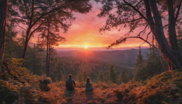 1girl, long hair, brown hair, 1boy, sitting, outdoors, sky, cloud, from behind, tree, grass, nature, scenery, forest, sunset, sun, landscape