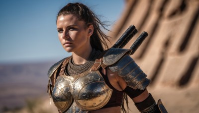 1girl,solo,long hair,black hair,closed mouth,upper body,weapon,outdoors,sky,day,sword,dark skin,armor,blurry,lips,blurry background,shoulder armor,messy hair,pauldrons,breastplate,realistic,bikini armor,dirty,weapon on back,desert,chainmail,dark-skinned female,scar,nose,sand