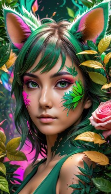 1girl,solo,breasts,looking at viewer,short hair,bangs,animal ears,cleavage,bare shoulders,jewelry,medium breasts,closed mouth,green eyes,upper body,flower,multicolored hair,earrings,green hair,sleeveless,artist name,cat ears,medium hair,two-tone hair,lips,animal ear fluff,eyelashes,gradient hair,makeup,rose,leaf,watermark,facial mark,plant,lipstick,portrait,web address,pink flower,eyeshadow,freckles,pink lips,realistic,nose,eyeliner,facepaint,vines,pink rose,mascara,blurry,petals