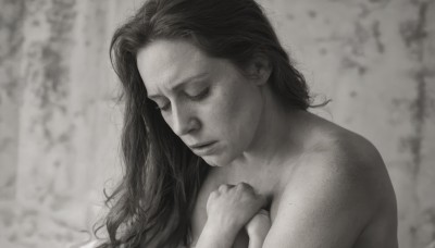 1girl,solo,long hair,1boy,closed mouth,monochrome,closed eyes,upper body,greyscale,male focus,nude,mole,blurry,lips,blurry background,covering,covering breasts,realistic,eyelashes,looking down,portrait,freckles,sad