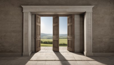 outdoors,sky,day,cloud,blue sky,no humans,window,shadow,watermark,grass,scenery,mountain,door,road,wall,pillar,path,column,indoors,landscape