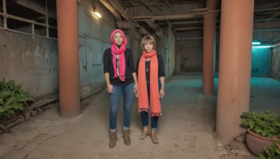 1girl,looking at viewer,smile,short hair,brown hair,shirt,1boy,brown eyes,jewelry,standing,boots,outdoors,shoes,pants,hood,necklace,scarf,bracelet,black shirt,hoodie,brown footwear,plant,denim,walking,red scarf,jeans,arms at sides,blue pants,potted plant,pink scarf,industrial pipe,alley,multiple girls,2girls,shared clothes,shared scarf