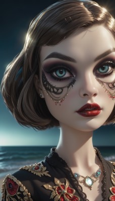 1girl,solo,looking at viewer,short hair,blue eyes,brown hair,hair ornament,jewelry,upper body,earrings,outdoors,parted lips,hairclip,artist name,necklace,blurry,aqua eyes,lips,eyelashes,makeup,depth of field,blurry background,ocean,facial mark,beach,lipstick,gem,portrait,close-up,eyeshadow,nose,red lips,eyeliner,mascara,dress,closed mouth,sky,night,watermark,lace