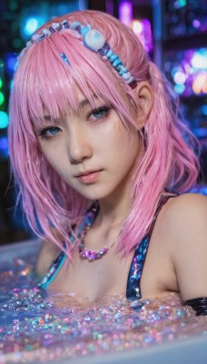 1girl,solo,long hair,breasts,looking at viewer,bangs,blue eyes,hair ornament,cleavage,bare shoulders,jewelry,medium breasts,swimsuit,upper body,pink hair,hairband,medium hair,water,necklace,blurry,lips,blurry background,partially submerged,realistic,nose,pool,closed mouth,bikini,wet,eyelashes,depth of field,pearl necklace