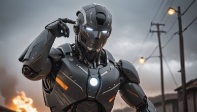 solo,looking at viewer,blue eyes,1boy,upper body,male focus,outdoors,sky,cloud,blurry,no humans,blurry background,glowing,fire,robot,pointing,mecha,glowing eyes,smoke,science fiction,explosion,white eyes,power lines,utility pole,power armor,pointing at self,humanoid robot,cloudy sky,robot joints