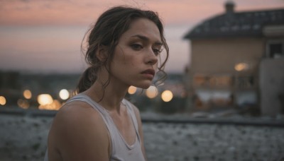 1girl,solo,long hair,looking at viewer,brown hair,shirt,black hair,bare shoulders,closed mouth,white shirt,upper body,ponytail,outdoors,sleeveless,blurry,black eyes,lips,depth of field,blurry background,tank top,building,freckles,realistic,white tank top,photo background,brown eyes,mole,from side,nose,bokeh