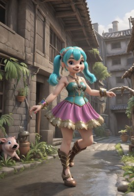 1girl,solo,long hair,breasts,looking at viewer,smile,open mouth,blue eyes,skirt,hair ornament,dress,bare shoulders,twintails,jewelry,medium breasts,blue hair,standing,full body,earrings,boots,outdoors,sky,shoes,sleeveless,day,cloud,signature,necklace,nail polish,bracelet,lips,aqua hair,animal,watermark,brown footwear,standing on one leg,plant,building,child,red nails,web address,pendant,pink skirt,walking,city,potted plant,road,house,pig,pavement,flower,:d,hairband,teeth,artist name,hair flower,wrist cuffs,window,sandals,grass,stairs,fantasy,bangle,town,watering can