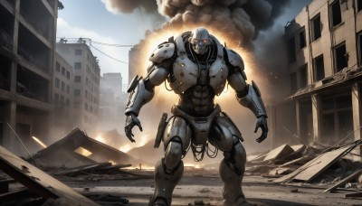 HQ,solo,red eyes,1boy,standing,weapon,outdoors,sky,day,armor,no humans,glowing,fire,robot,building,mecha,glowing eyes,smoke,science fiction,city,realistic,cable,explosion,ruins,damaged,open hands,power armor,debris,dust,destruction,rubble,looking at viewer,cloud,signature,battle,cityscape,power lines