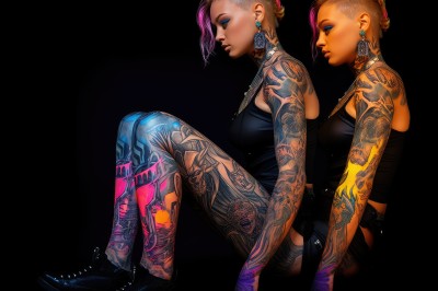 breasts,short hair,blue eyes,multiple girls,blonde hair,simple background,2girls,jewelry,medium breasts,sitting,weapon,pink hair,purple hair,multicolored hair,earrings,pants,hair bun,two-tone hair,lips,gun,tattoo,profile,makeup,siblings,black background,dual persona,eyeshadow,arm tattoo,symmetry,bangs,boots,choker,necklace,black footwear,from side,piercing,tank top,ear piercing,back-to-back,very short hair,black tank top,nose piercing,full-body tattoo