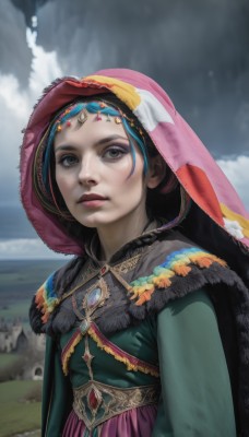 1girl,solo,looking at viewer,black hair,long sleeves,dress,jewelry,closed mouth,blue hair,upper body,multicolored hair,outdoors,sky,day,cloud,hood,blurry,black eyes,lips,grey eyes,fur trim,makeup,blurry background,cloudy sky,feathers,gem,realistic,nose,cape