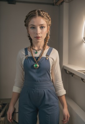 1girl,solo,long hair,looking at viewer,blue eyes,blonde hair,brown hair,shirt,long sleeves,holding,jewelry,standing,white shirt,braid,cowboy shot,indoors,necklace,lips,denim,pendant,freckles,realistic,overalls,blue overalls,breasts,closed mouth,parted lips,blurry,twin braids,makeup,blurry background,sunlight,brooch,gem,forehead,sleeves rolled up,nose,arms at sides,red lips,sleeves pushed up