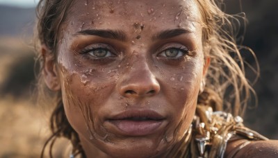 1girl,solo,long hair,looking at viewer,brown hair,brown eyes,parted lips,dark skin,blurry,lips,wet,eyelashes,depth of field,blurry background,thick eyebrows,portrait,close-up,realistic,nose,wet hair,smile,blonde hair,jewelry,sweat,teeth,freckles,dirty,gold,dirty face