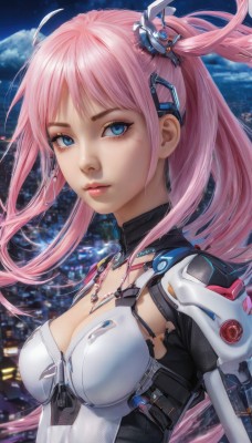 1girl,solo,long hair,breasts,looking at viewer,bangs,blue eyes,hair ornament,cleavage,medium breasts,closed mouth,upper body,pink hair,sky,lips,eyelashes,bodysuit,makeup,night,headgear,science fiction,nose,jewelry,ponytail,sidelocks,signature,necklace,armor,from side,expressionless,realistic,cityscape