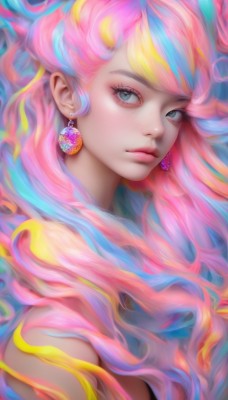 1girl,solo,long hair,looking at viewer,bangs,blue eyes,blonde hair,bare shoulders,jewelry,closed mouth,blue hair,upper body,pink hair,multicolored hair,earrings,two-tone hair,lips,streaked hair,eyelashes,makeup,portrait,eyeshadow,freckles,realistic,nose,rainbow hair,grey eyes,watermark,expressionless,web address