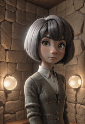 1girl,solo,looking at viewer,short hair,bangs,shirt,black hair,long sleeves,brown eyes,closed mouth,white shirt,upper body,grey hair,collared shirt,artist name,indoors,lips,plaid,buttons,bob cut,thick eyebrows,wing collar,freckles,nose,wall,brick wall,stone wall,blush,jacket