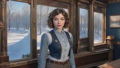 1girl,solo,breasts,looking at viewer,smile,short hair,brown hair,shirt,long sleeves,brown eyes,closed mouth,standing,white shirt,upper body,outdoors,day,striped,collared shirt,belt,pants,indoors,vest,tree,lips,window,dress shirt,makeup,buttons,shadow,wavy hair,table,blue shirt,denim,lipstick,nature,snow,buckle,curly hair,striped shirt,belt buckle,door,arms at sides,red lips,brown belt,blue vest,winter,bare tree,pine tree,bangs,medium breasts,open clothes,parted bangs,grey eyes,scenery,jeans,realistic,open vest,painting (object),denim jacket