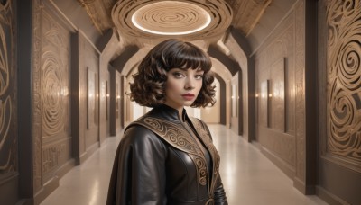 1girl,solo,breasts,looking at viewer,short hair,bangs,brown hair,black hair,brown eyes,closed mouth,upper body,indoors,cape,black eyes,lips,makeup,lipstick,curly hair,realistic,nose,hallway,arch,smile,long sleeves,dress,parted lips,halo,pink lips,door,red lips,pillar