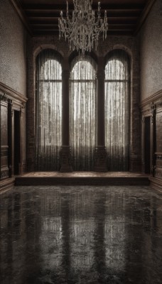 monochrome,indoors,water,no humans,window,sunlight,scenery,reflection,stairs,candle,architecture,pillar,hallway,church,arch,candlestand,reflective floor,chandelier,column,wooden floor,door,ceiling