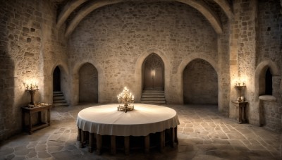 HQ,indoors,no humans,chair,table,fire,scenery,stairs,door,light,candle,pillar,carpet,candlestand,chandelier,tablecloth,fireplace,wooden floor,arch,column,stone floor