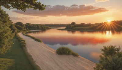 outdoors,sky,cloud,water,tree,no humans,sunlight,cloudy sky,grass,plant,nature,scenery,forest,reflection,sunset,mountain,sun,horizon,road,bush,river,evening,landscape,lake,orange sky,path,blue sky,reflective water