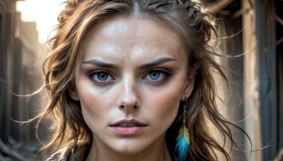 HQ,1girl,solo,long hair,looking at viewer,blue eyes,blonde hair,brown hair,jewelry,earrings,parted lips,teeth,artist name,blurry,lips,eyelashes,blurry background,watermark,piercing,feathers,messy hair,portrait,close-up,forehead,freckles,veins,realistic,nose,sunlight