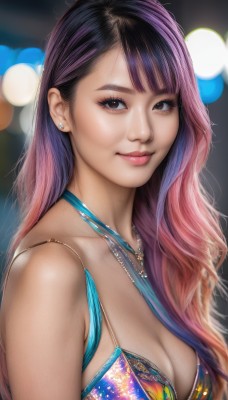 1girl,solo,long hair,breasts,looking at viewer,smile,bangs,black hair,cleavage,bare shoulders,brown eyes,jewelry,medium breasts,closed mouth,swimsuit,upper body,pink hair,purple hair,bikini,multicolored hair,earrings,necklace,blurry,black eyes,two-tone hair,lips,eyelashes,gradient hair,makeup,blurry background,multicolored clothes,realistic,nose,multicolored bikini,large breasts,collarbone,artist name,swept bangs,halterneck,wavy hair,bikini top only,bokeh,mascara