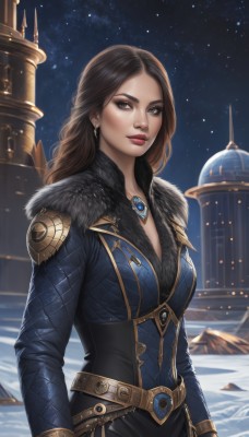 1girl,solo,long hair,breasts,looking at viewer,brown hair,long sleeves,cleavage,brown eyes,jewelry,medium breasts,standing,earrings,outdoors,sky,belt,necklace,lips,fur trim,makeup,night,lipstick,gem,star (sky),night sky,snow,starry sky,nose,red lips,closed mouth,artist name,parted bangs,grey eyes,forehead,fur collar,realistic