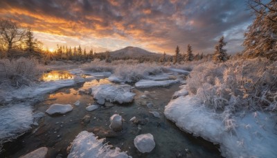 outdoors,sky,cloud,water,tree,no humans,cloudy sky,grass,nature,scenery,snow,forest,reflection,sunset,rock,mountain,winter,bare tree,river,evening,landscape,mountainous horizon,orange sky,pine tree,ice,snowing