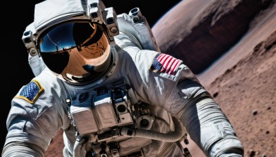 solo,1boy,upper body,male focus,military,pov,backpack,helmet,1other,science fiction,realistic,space,planet,ambiguous gender,earth (planet),american flag,spacesuit,patch,japanese flag,space helmet,united states,astronaut,blurry,no humans,moon,reflection,flag print,spacecraft,american flag print