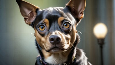 HQ,solo,looking at viewer,jewelry,closed mouth,yellow eyes,earrings,blurry,collar,no humans,depth of field,blurry background,animal,cat,portrait,realistic,animal focus,whiskers,brown eyes,necklace,parody,dog,lamppost