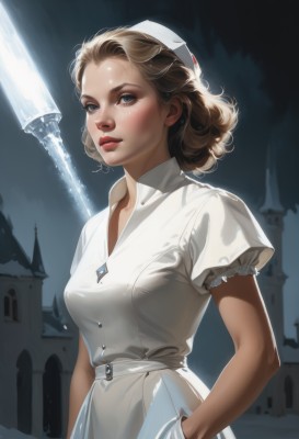 1girl,solo,breasts,looking at viewer,short hair,blue eyes,blonde hair,brown hair,gloves,hat,dress,jewelry,medium breasts,upper body,weapon,short sleeves,parted lips,white gloves,white dress,lips,makeup,buttons,freckles,curly hair,hand in pocket,realistic,nose,nurse cap,red lips,nurse,castle,blush,puffy sleeves,belt,puffy short sleeves,lipstick