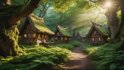 outdoors,sky,day,tree,no humans,window,sunlight,grass,plant,building,nature,scenery,forest,light rays,stairs,sun,architecture,sunbeam,house,east asian architecture,path,lantern,shrine,tree stump