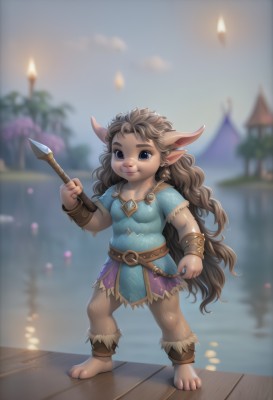 1girl,solo,long hair,looking at viewer,smile,blue eyes,brown hair,shirt,holding,animal ears,jewelry,very long hair,standing,full body,weapon,short sleeves,earrings,outdoors,barefoot,pointy ears,belt,artist name,necklace,holding weapon,blurry,blurry background,blue shirt,knife,polearm,child,genderswap,furry,spear,furry female,candle,snout,fewer digits,deer ears,hooves,breasts,collarbone,tail,small breasts,day,signature,water,flat chest,bracelet,lips,wavy hair,animal nose,brown fur