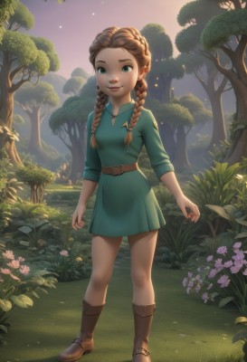 1girl,solo,long hair,breasts,looking at viewer,smile,blue eyes,brown hair,long sleeves,dress,twintails,closed mouth,green eyes,standing,full body,braid,flower,small breasts,boots,outdoors,belt,artist name,signature,twin braids,tree,lips,leaf,watermark,brown footwear,short dress,sunlight,grass,plant,child,nature,hair over shoulder,web address,buckle,forest,backlighting,freckles,legs apart,green dress,sunset,green shirt,arms at sides,female child,brown belt,path,leather boots,knee boots,aged down,pink flower,bush