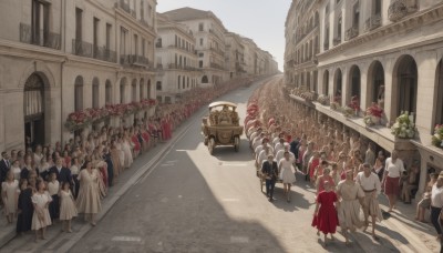 short hair,multiple girls,brown hair,dress,flower,outdoors,multiple boys,day,white dress,tree,6+girls,ground vehicle,building,scenery,motor vehicle,walking,6+boys,robe,city,car,road,house,street,statue,crowd,people,crosswalk,6+others,sky,shadow,plant,child,cloak,fantasy,architecture,town,pavement