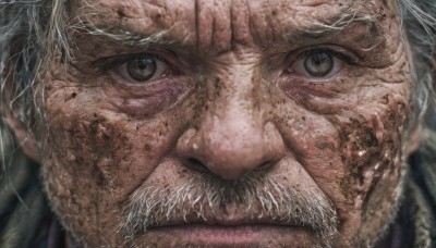 solo,looking at viewer,1boy,brown eyes,closed mouth,white hair,grey hair,male focus,blurry,facial hair,portrait,beard,close-up,realistic,mustache,old,dirty,old man,eye focus,wrinkled skin,grey eyes,serious