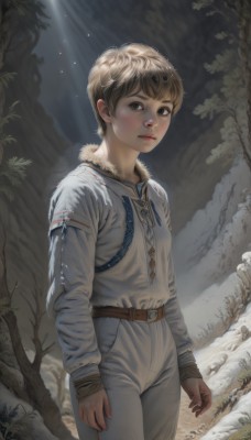 1girl,solo,looking at viewer,short hair,blonde hair,brown hair,shirt,long sleeves,1boy,brown eyes,closed mouth,standing,white shirt,male focus,cowboy shot,outdoors,belt,pants,tree,lips,fur trim,sunlight,nature,snow,androgynous,forest,light rays,realistic,white pants,nose,arms at sides,brown belt,breasts,gloves,freckles,rock