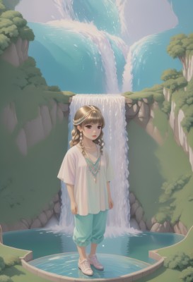 1girl,solo,long hair,looking at viewer,bangs,brown hair,shirt,brown eyes,jewelry,closed mouth,standing,full body,white shirt,braid,short sleeves,outdoors,sky,shoes,day,pants,water,necklace,twin braids,tree,lips,white footwear,sneakers,nature,scenery,arms at sides,watercraft,waterfall,boat,collarbone,earrings,blunt bangs,grass,rock,blue pants,river,green pants,cliff