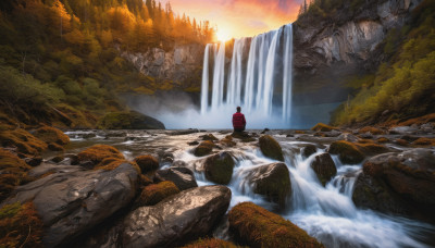 solo, 1boy, outdoors, water, tree, nature, scenery, forest, sunset, rock, river, waterfall, landscape, cliff