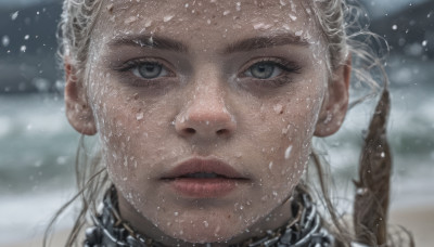 1girl, solo, long hair, looking at viewer, blonde hair, parted lips, blurry, lips, grey eyes, blurry background, portrait, snow, close-up, snowing, realistic